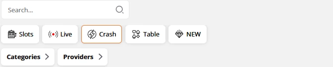 Search field above the PokieSurf lobby with the Slots, Live, Crash, Table and NEW tabs beside the Categories and Providers dropdowns