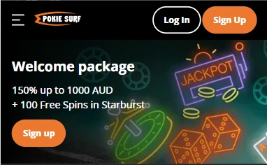 PokieSurf header on a phone: the burger menu on the left, the logo in the middle and the Log In and Sign Up buttons on the right