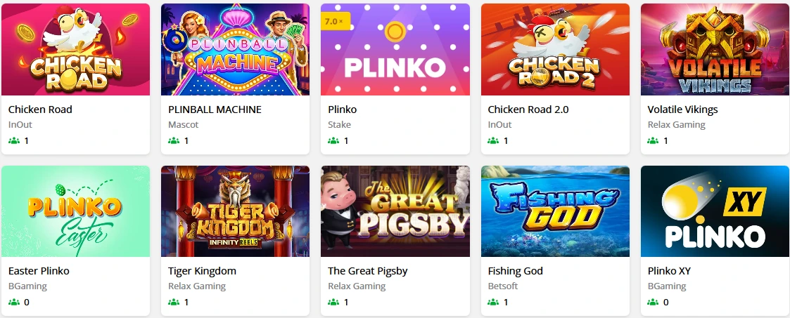 PokieSurf slots grid with the Chicken Road, PLINBALL MACHINE, Plinko, Chicken Road 2.0, Volatile Vikings, Easter Plinko, Tiger Kingdom, The Great Pigsby, Fishing God and Plinko XY tiles above their studio names