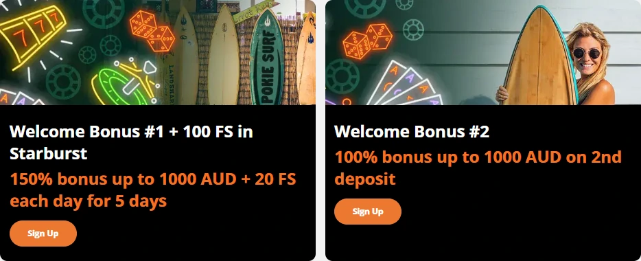 PokieSurf promotions page showing Welcome Bonus #1, 150% up to 1000 AUD with 20 free spins a day for five days, and Welcome Bonus #2, 100% up to 1000 AUD on the second deposit
